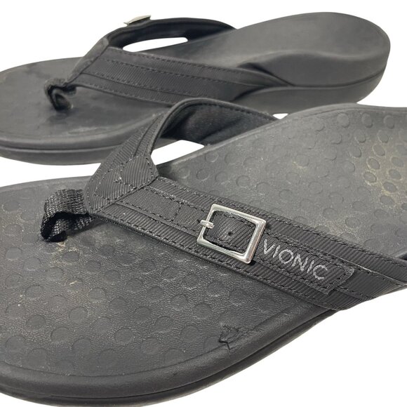 Vionic Tide Flip Flop Sandals Womens 6 Black Silver Buckle Logo Slip On Shoes - Picture 6 of 10